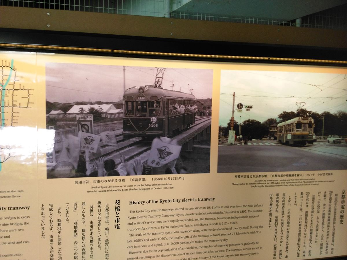 京都葵橋下、昔の市電の歩み案内板